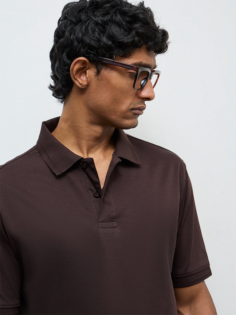 WES Casuals Dark Brown Relaxed-Fit Cotton-Blend Polo T-Shirt