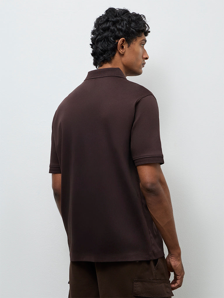 WES Casuals Dark Brown Relaxed-Fit Cotton-Blend Polo T-Shirt