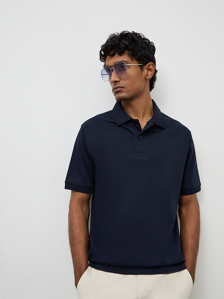 WES Casuals Navy Relaxed-Fit Cotton Polo T-Shirt