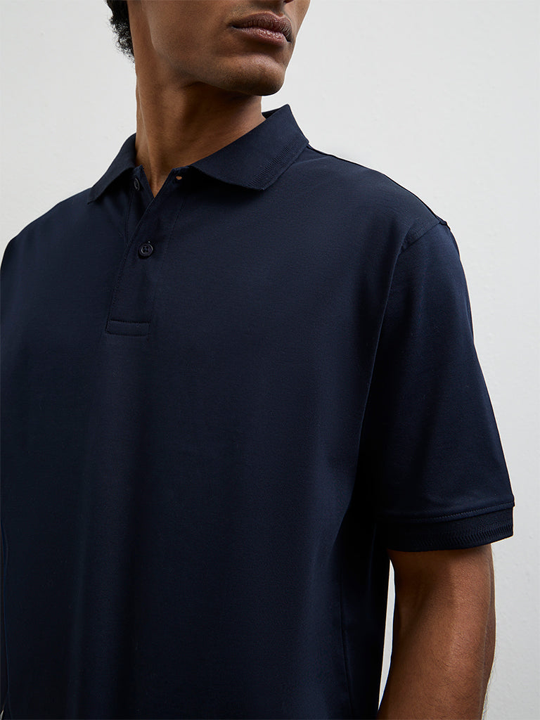 WES Casuals Navy Relaxed-Fit Cotton Polo T-Shirt