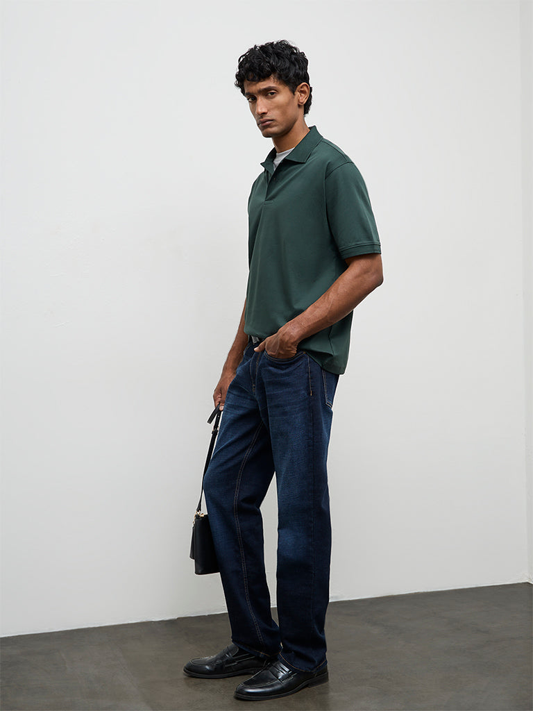 WES Casuals Dark Sage Relaxed-Fit Cotton Polo T-Shirt