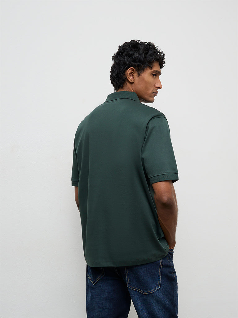WES Casuals Dark Sage Relaxed-Fit Cotton Polo T-Shirt