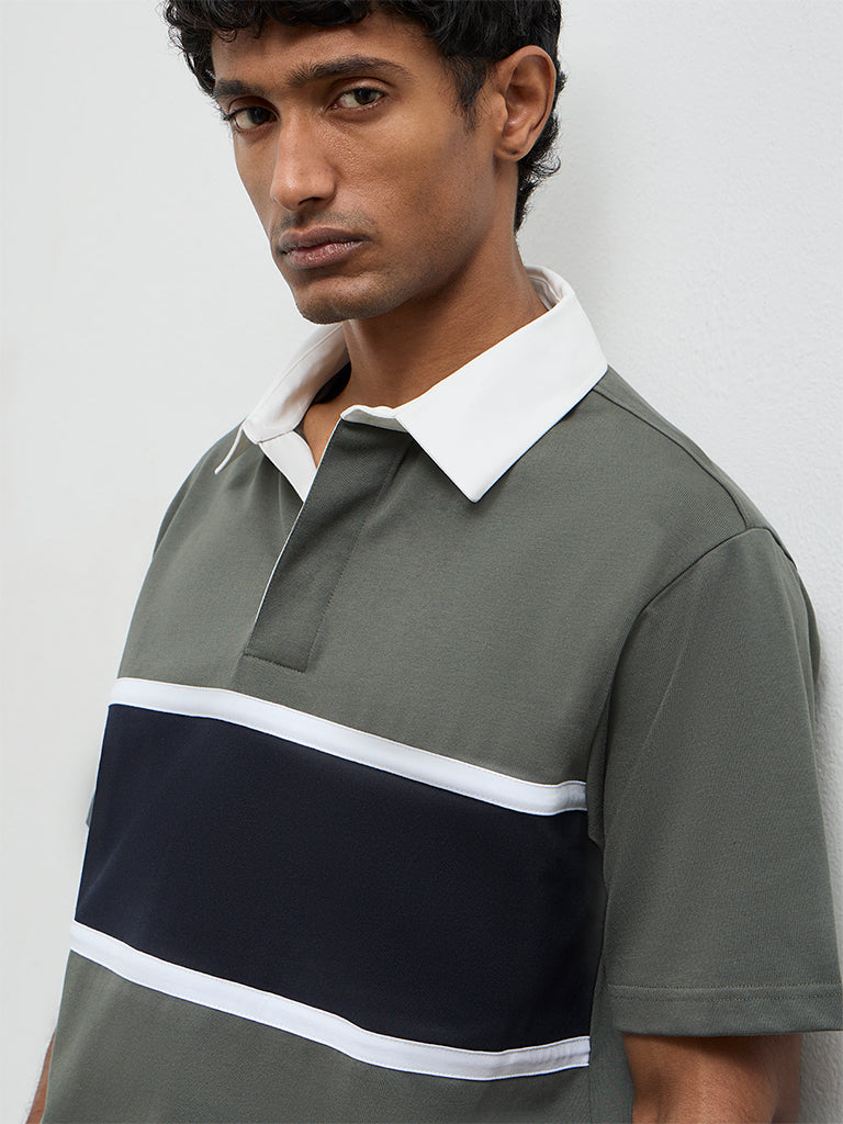 WES Casuals Olive Relaxed-Fit Cotton-Blend Polo T-Shirt