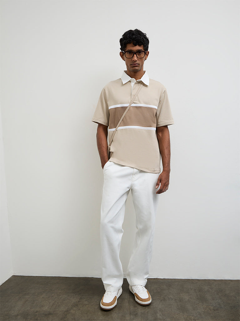 WES Casuals Beige Relaxed-Fit Cotton-Blend Polo T-Shirt