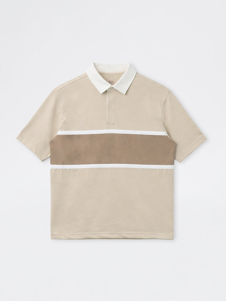 WES Casuals Beige Relaxed-Fit Cotton-Blend Polo T-Shirt