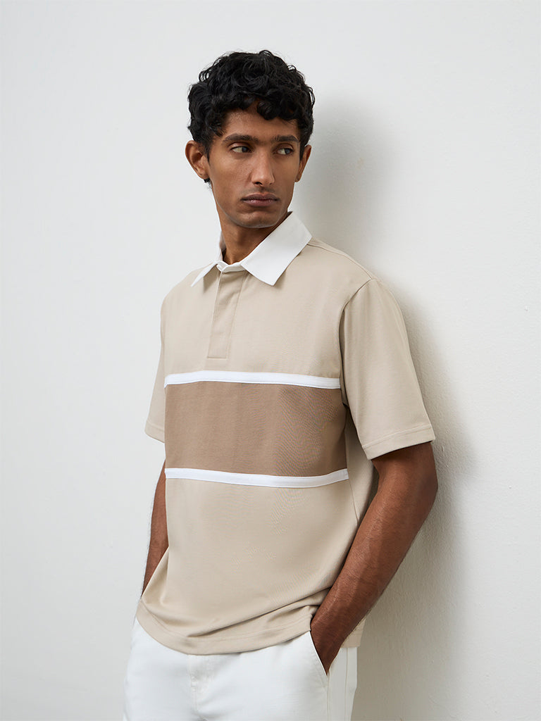 WES Casuals Beige Relaxed-Fit Cotton-Blend Polo T-Shirt