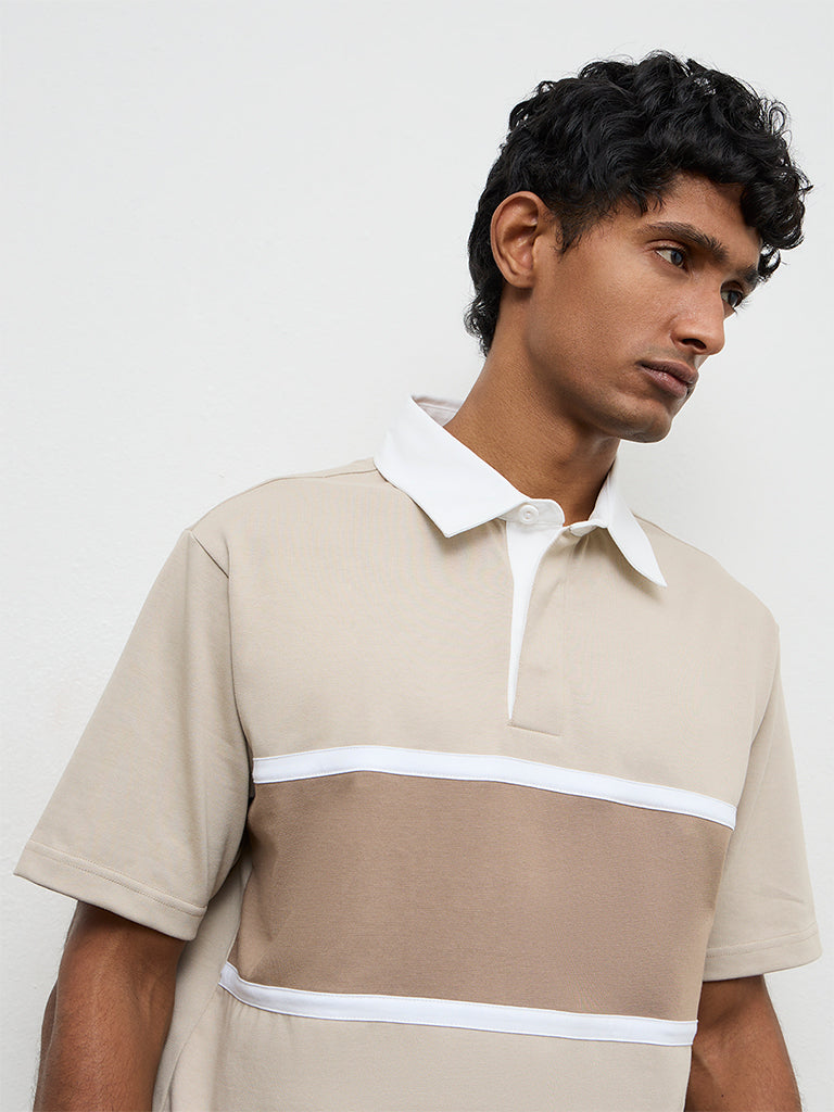 WES Casuals Beige Relaxed-Fit Cotton-Blend Polo T-Shirt