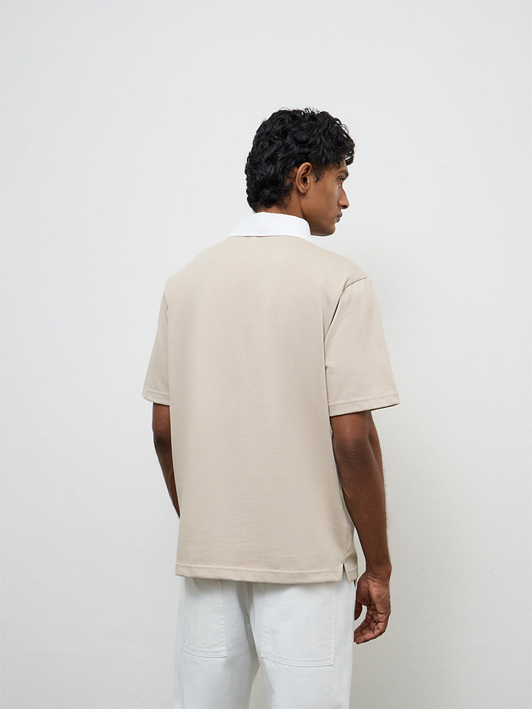 WES Casuals Beige Relaxed-Fit Cotton-Blend Polo T-Shirt