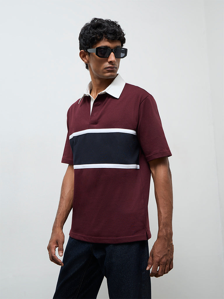 WES Casuals Wine Relaxed-Fit Cotton-Blend Polo T-Shirt