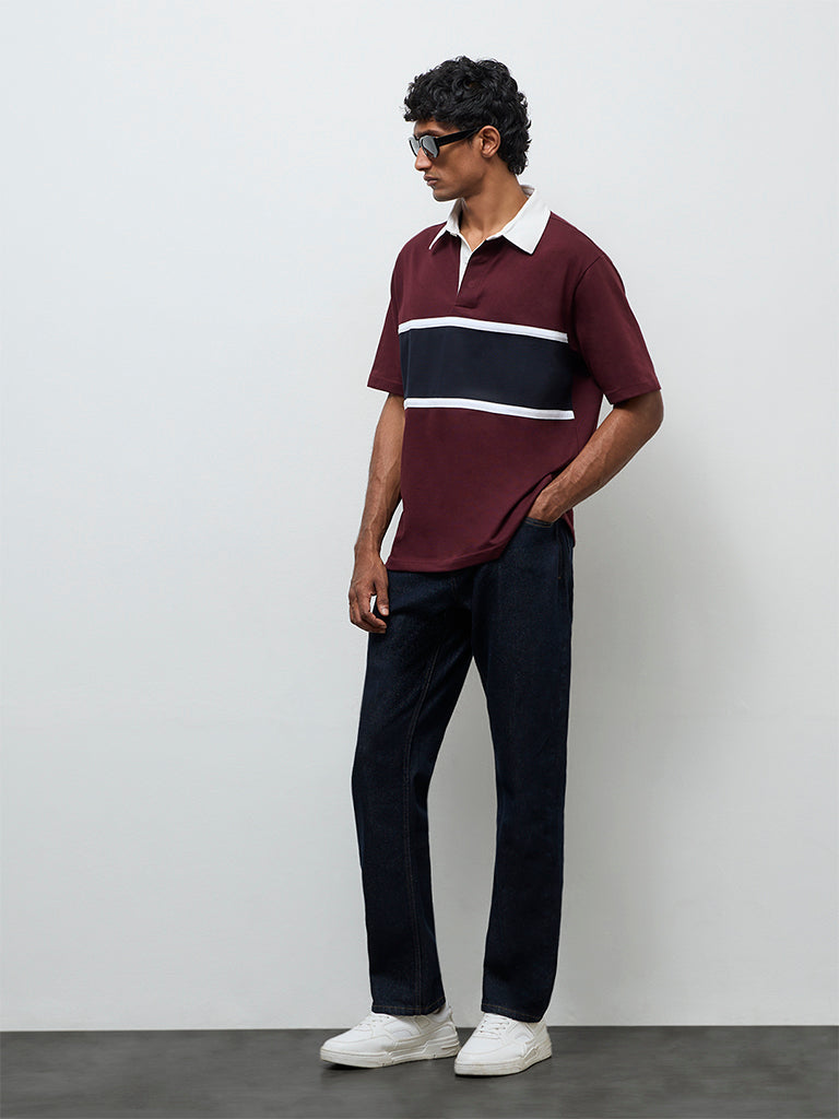 WES Casuals Wine Relaxed-Fit Cotton-Blend Polo T-Shirt