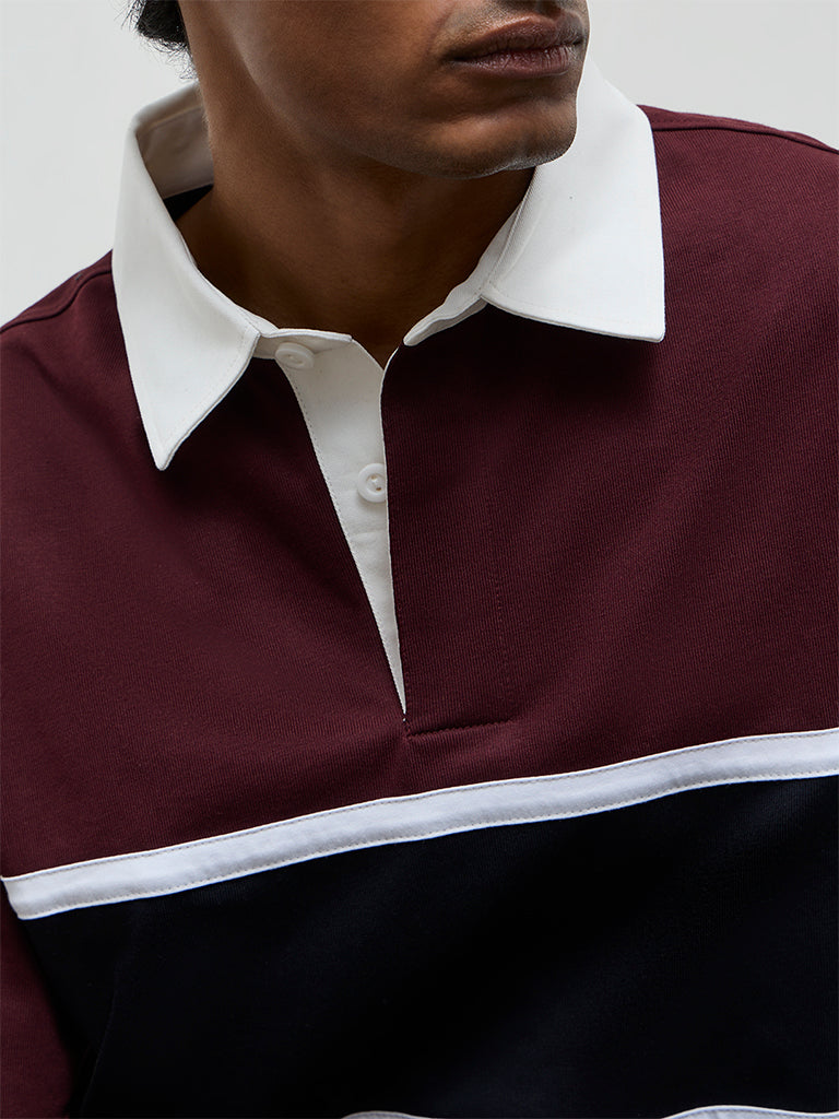 WES Casuals Wine Relaxed-Fit Cotton-Blend Polo T-Shirt
