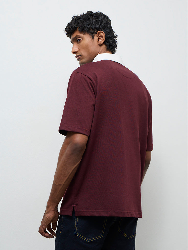WES Casuals Wine Relaxed-Fit Cotton-Blend Polo T-Shirt