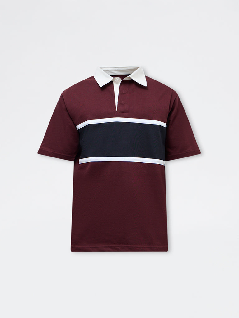 WES Casuals Wine Relaxed-Fit Cotton-Blend Polo T-Shirt
