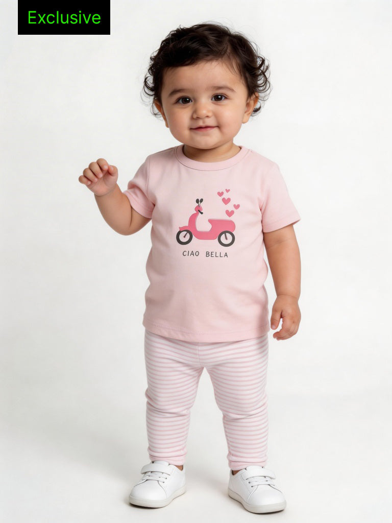 2-Piece HOP Baby Girls Pink Scooter Printed Cotton Set