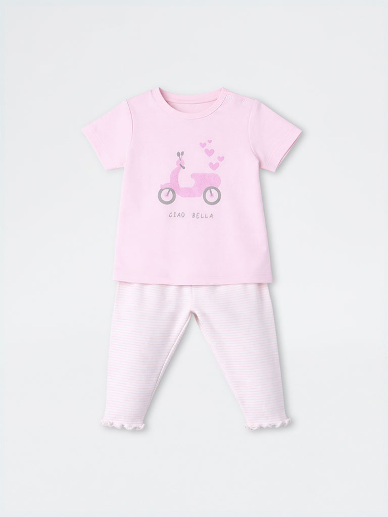 2-Piece HOP Baby Girls Pink Scooter Printed Cotton Set