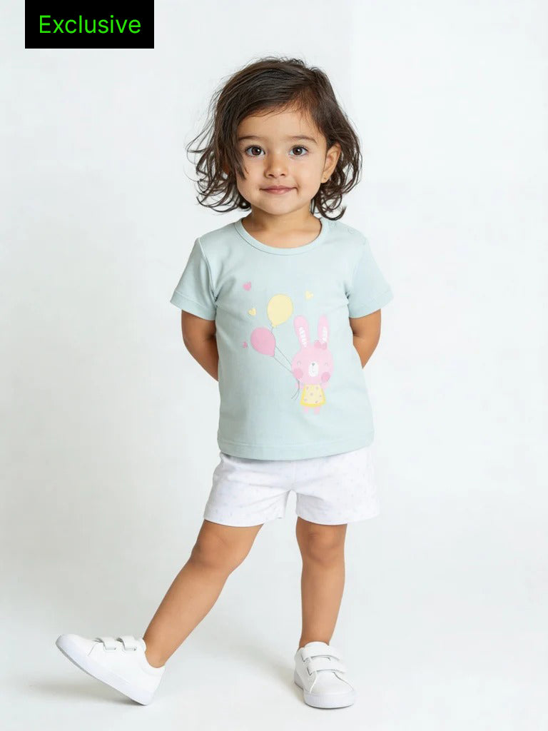 HOP Baby Girls Light Blue Printed Cotton T-Shirt and Shorts Set - Exclusive