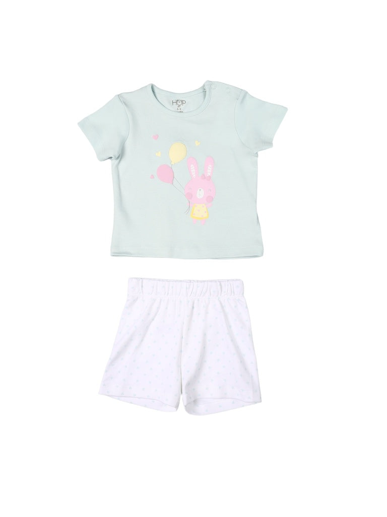 HOP Baby Girls Light Blue Printed Cotton T-Shirt and Shorts Set - Exclusive