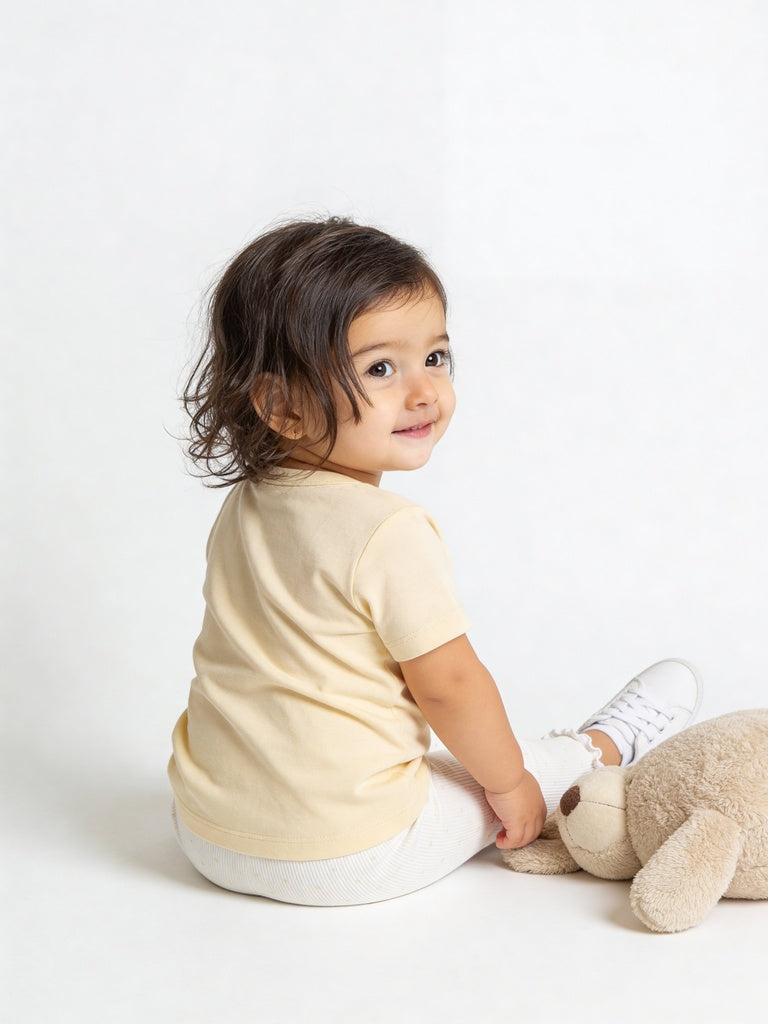 HOP Baby Girls Yellow Printed Cotton T-Shirt and Pants Set - Exclusive