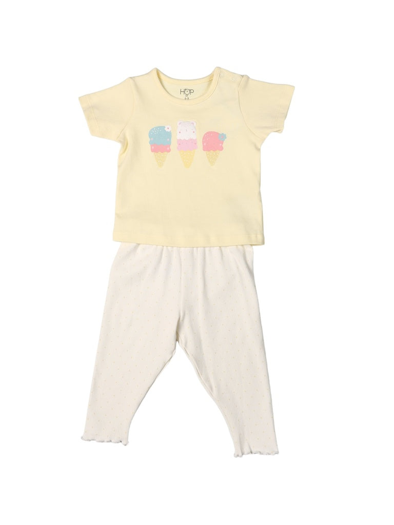 HOP Baby Girls Yellow Printed Cotton T-Shirt and Pants Set - Exclusive