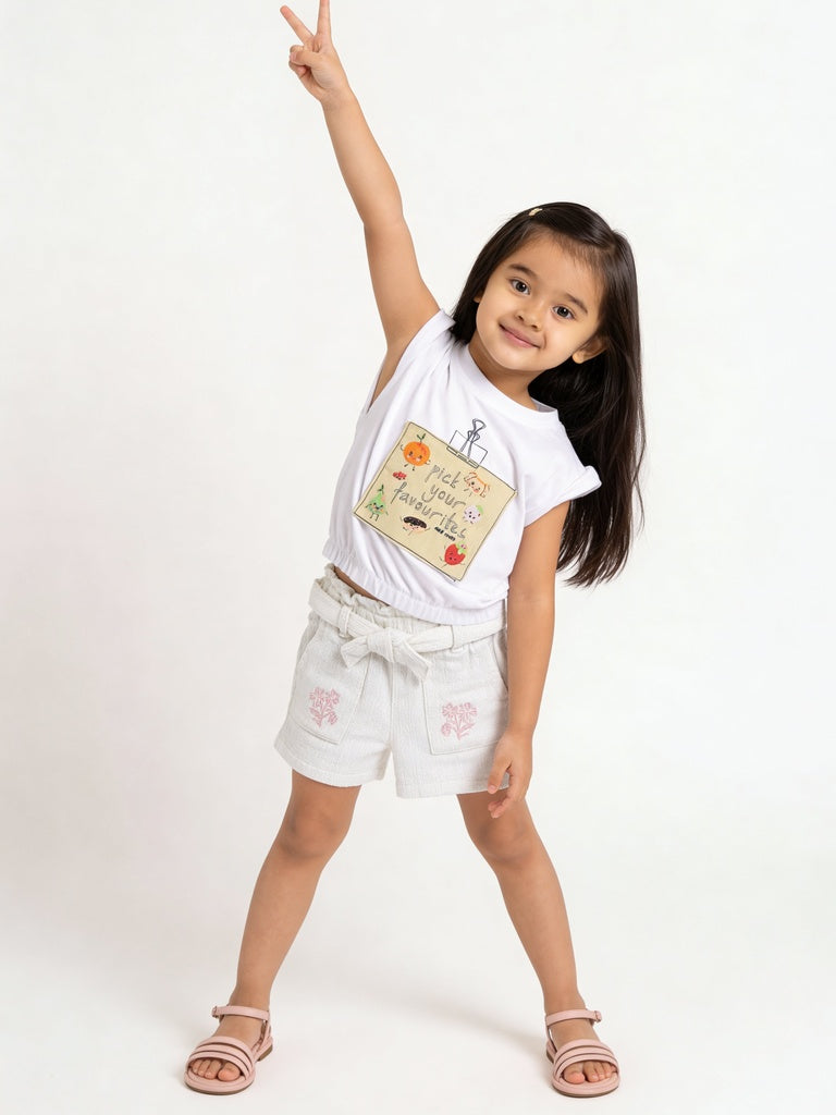 Hop Kids Girls Off-White Floral Embroidered Cotton Shorts