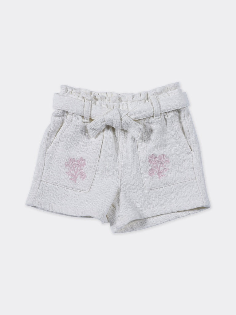 Hop Kids Girls Off-White Floral Embroidered Cotton Shorts