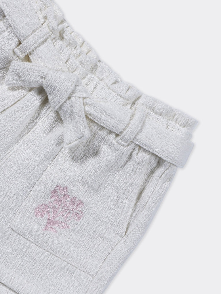 Hop Kids Girls Off-White Floral Embroidered Cotton Shorts