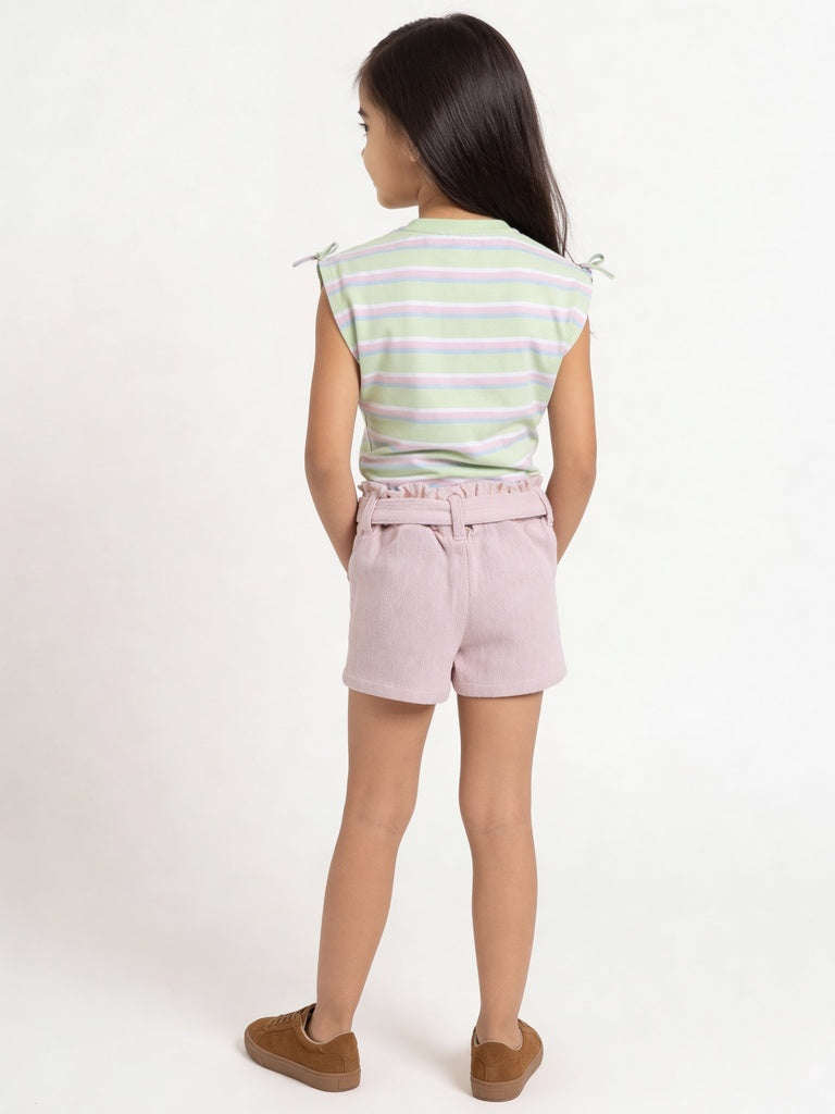 HOP Kids Girls Pink Floral Embroidered Cotton Shorts with Tie-Belt