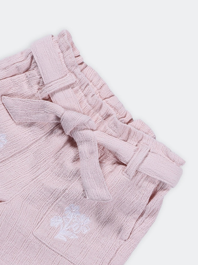 HOP Kids Girls Pink Floral Embroidered Cotton Shorts with Tie-Belt