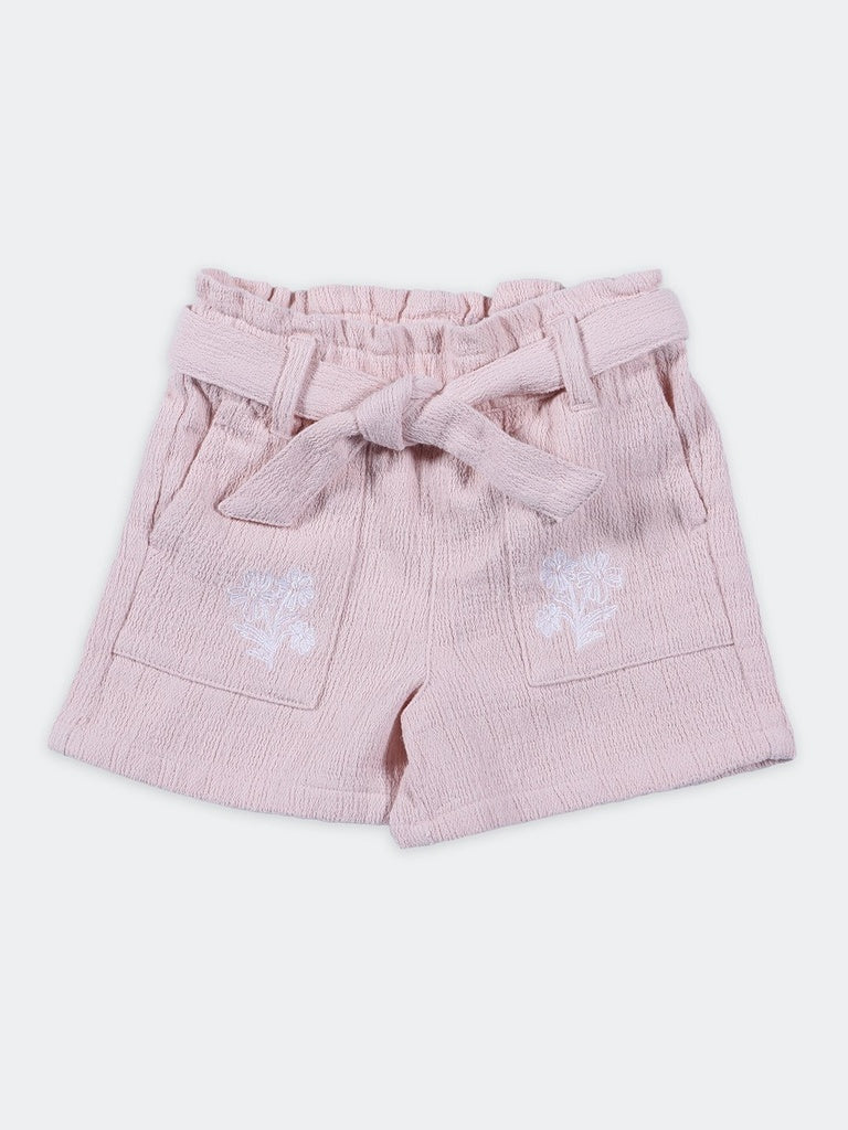 HOP Kids Girls Pink Floral Embroidered Cotton Shorts with Tie-Belt