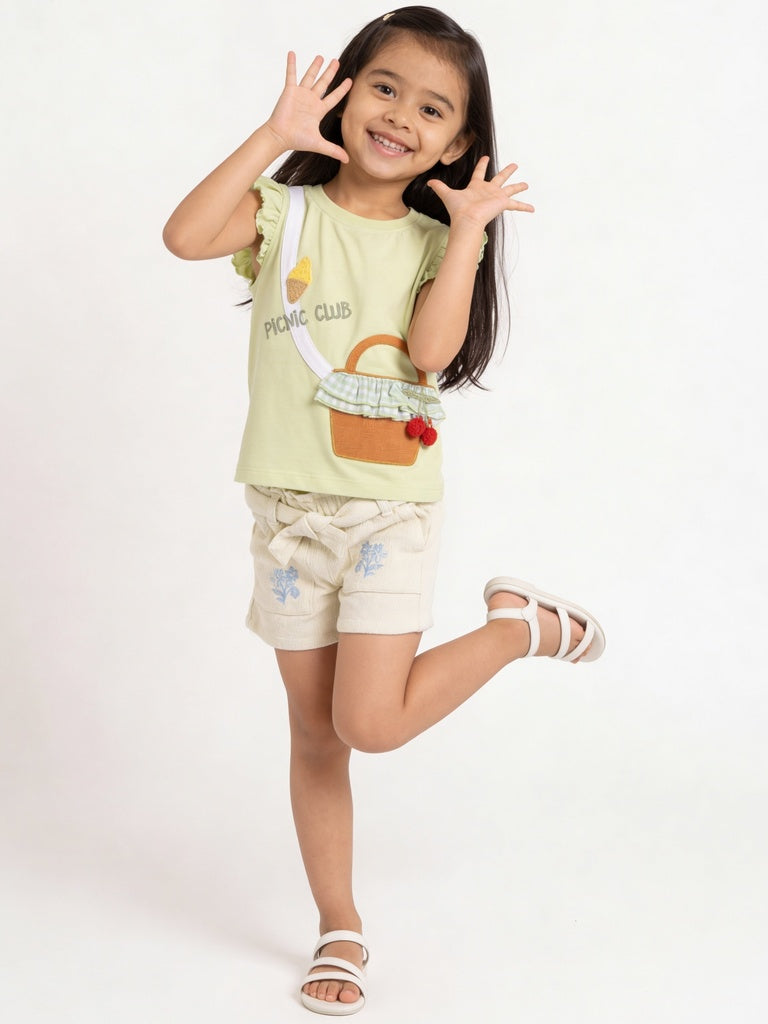 HOP Kids Girls Yellow Floral Embroidered Tie-Waist Paperbag Cotton Shorts