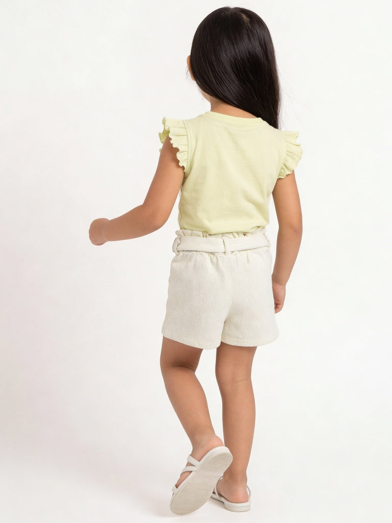 HOP Kids Girls Yellow Floral Embroidered Tie-Waist Paperbag Cotton Shorts