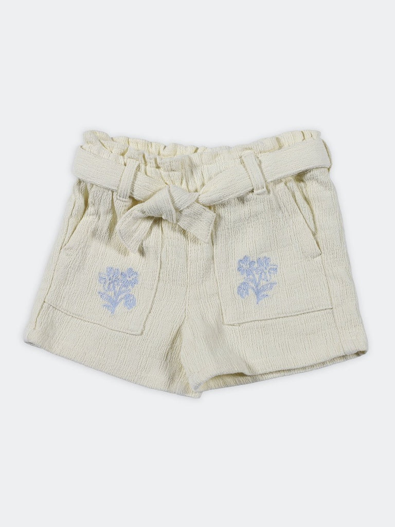 HOP Kids Girls Yellow Floral Embroidered Tie-Waist Paperbag Cotton Shorts