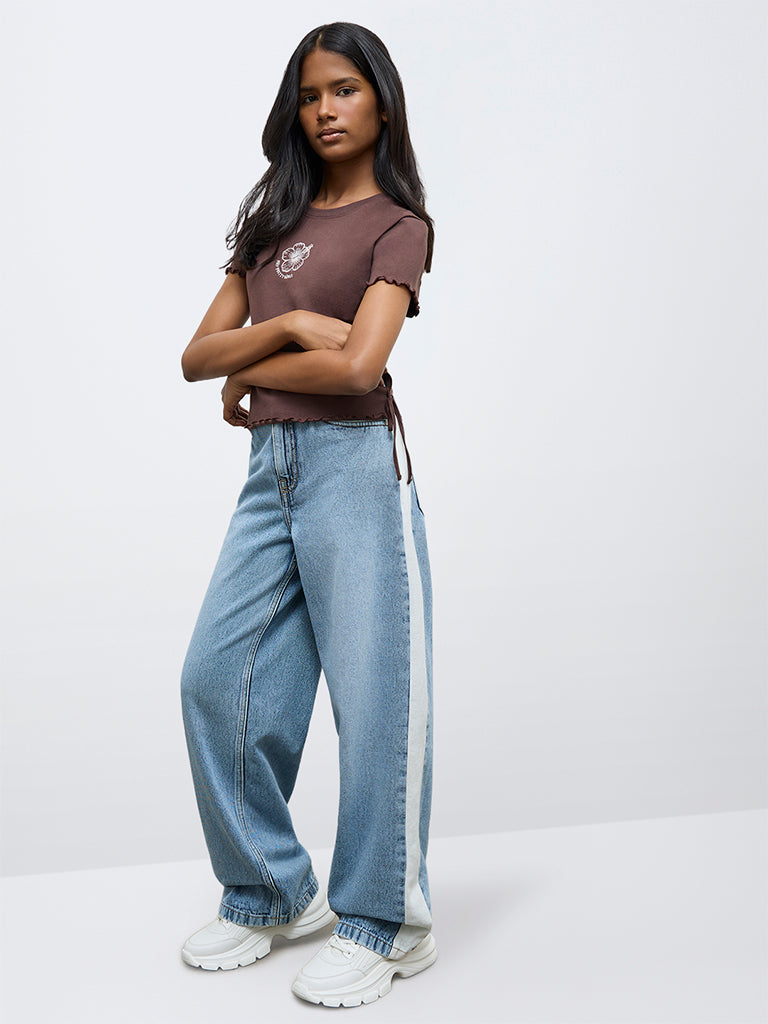 Y&F Kids Girls Blue Striped High-Rise Relaxed-Fit Jeans