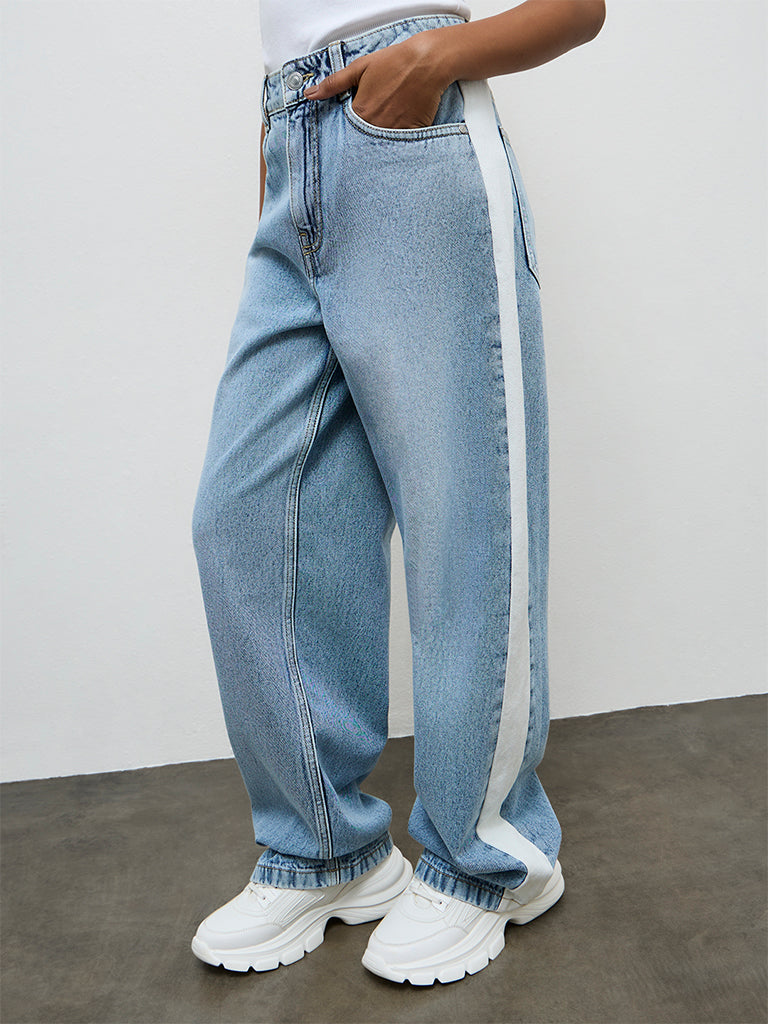 Y&F Kids Girls Blue Striped High-Rise Relaxed-Fit Jeans
