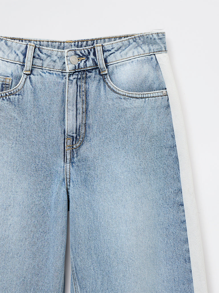 Y&F Kids Girls Blue Striped High-Rise Relaxed-Fit Jeans