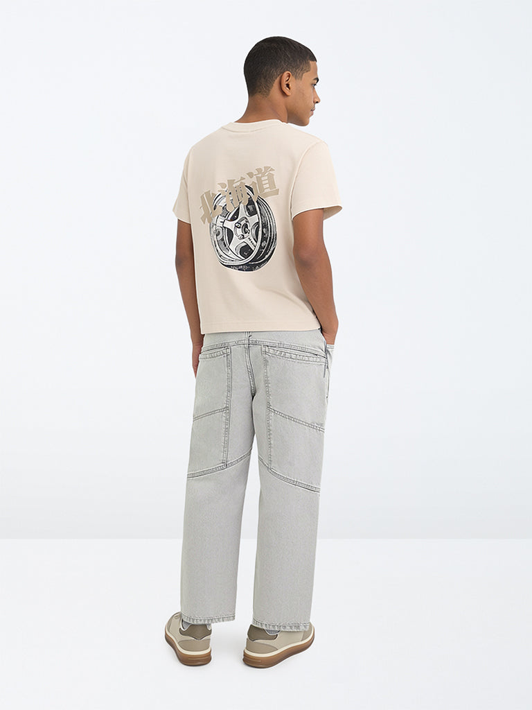 Boys Grey Washed Mid-Rise Jeans