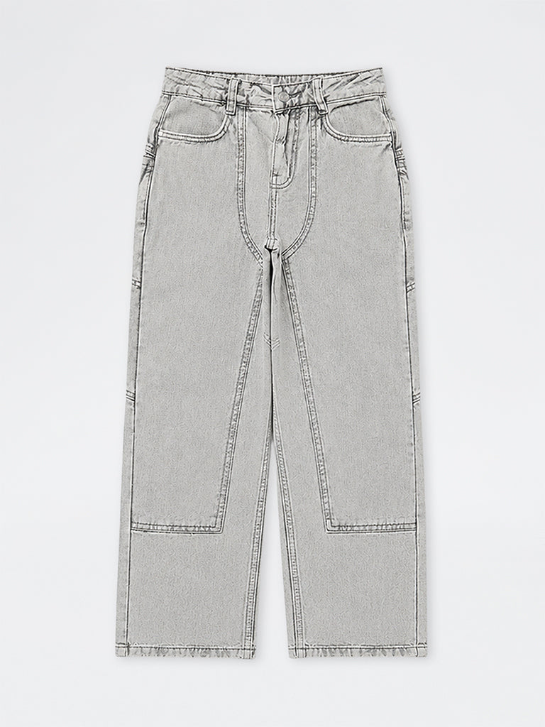 Boys Grey Washed Mid-Rise Jeans