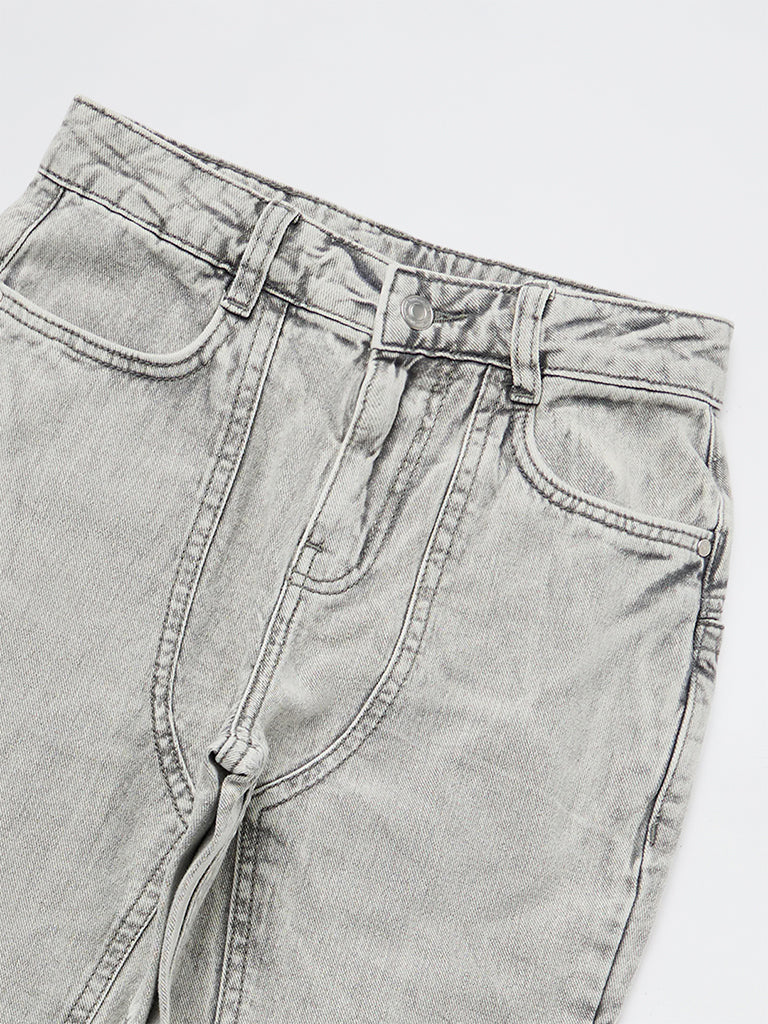 Boys Grey Washed Mid-Rise Jeans