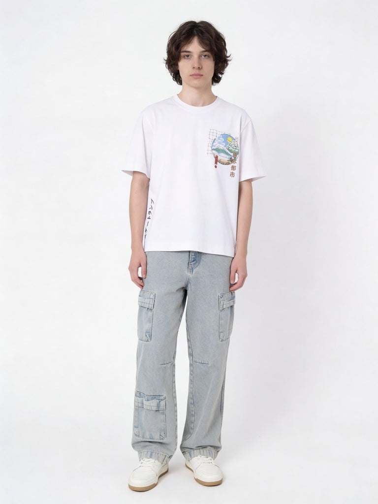 Boys Light Blue Vintage Wash Cargo Pocket Straight Fit Jeans