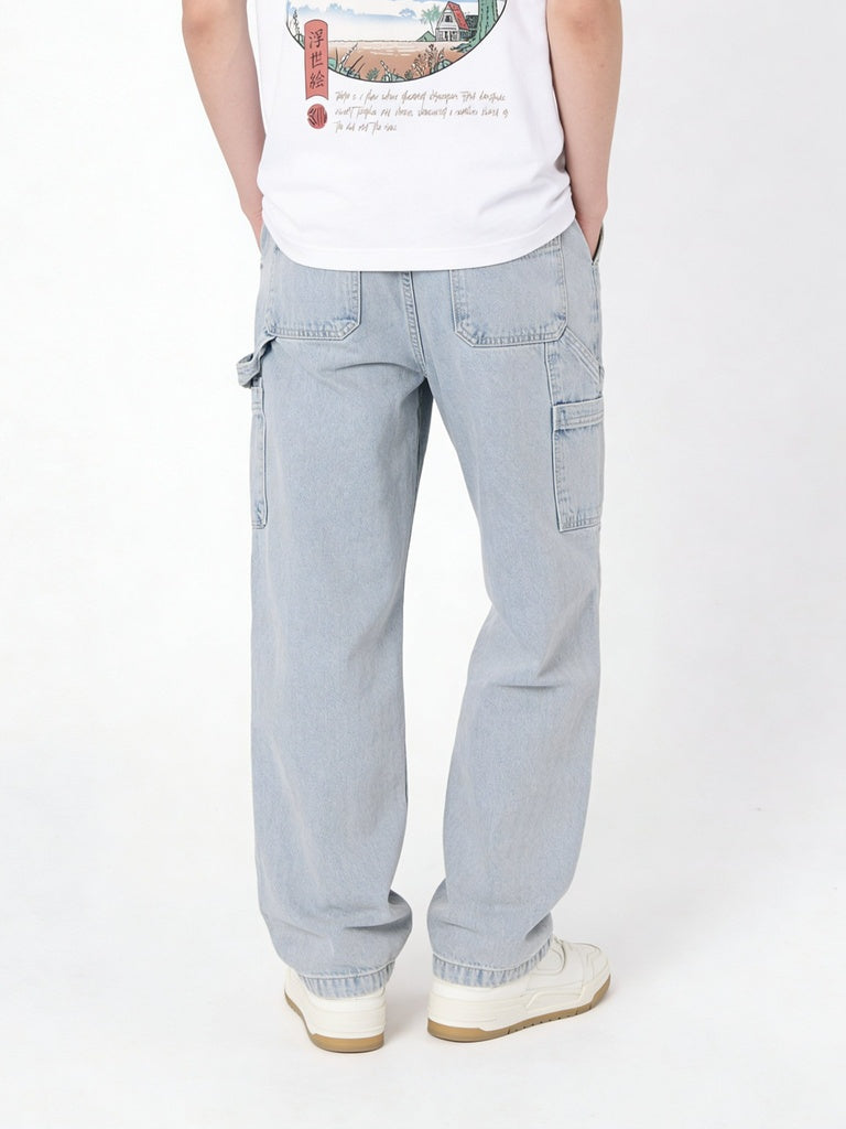 Boys Light Blue Vintage Wash Cargo Pocket Straight Fit Jeans