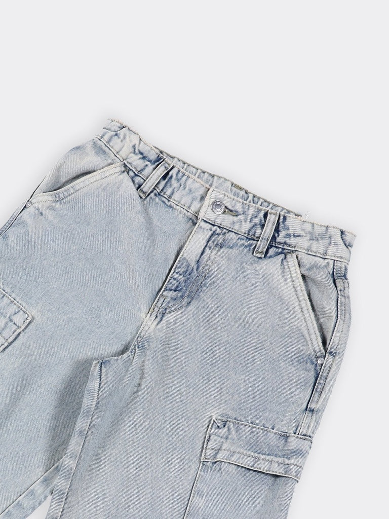 Boys Light Blue Vintage Wash Cargo Pocket Straight Fit Jeans