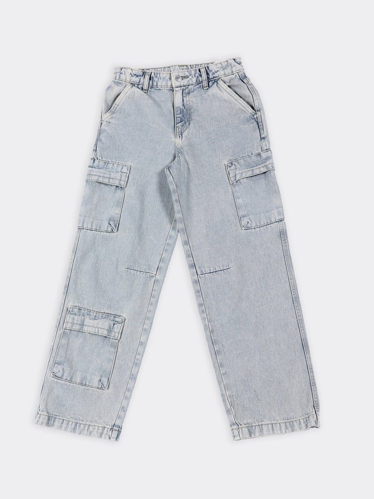 Boys Light Blue Vintage Wash Cargo Pocket Straight Fit Jeans