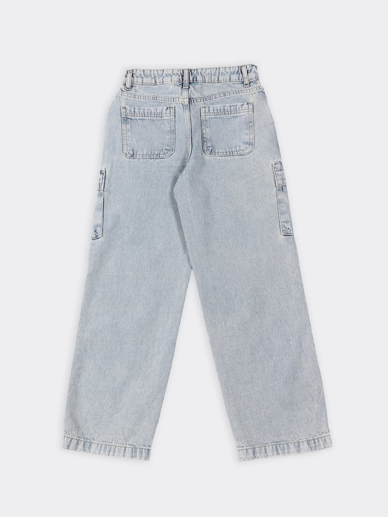 Boys Light Blue Vintage Wash Cargo Pocket Straight Fit Jeans