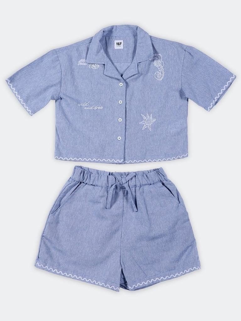 Girls Blue Denim Shirt and Shorts Set