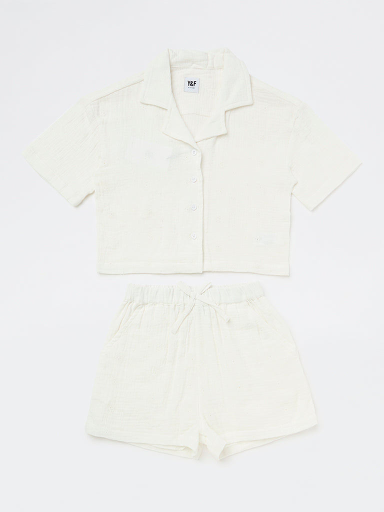 Girls White Floral-Detail Cotton Shirt and Shorts Set