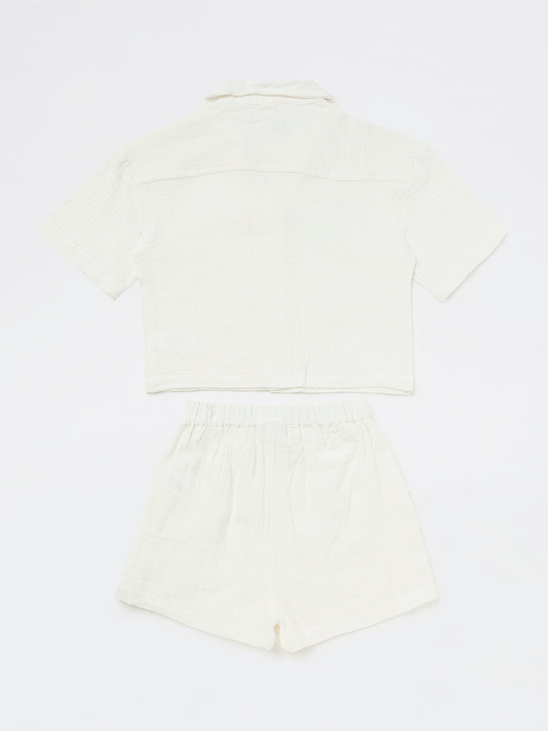 Girls White Floral-Detail Cotton Shirt and Shorts Set