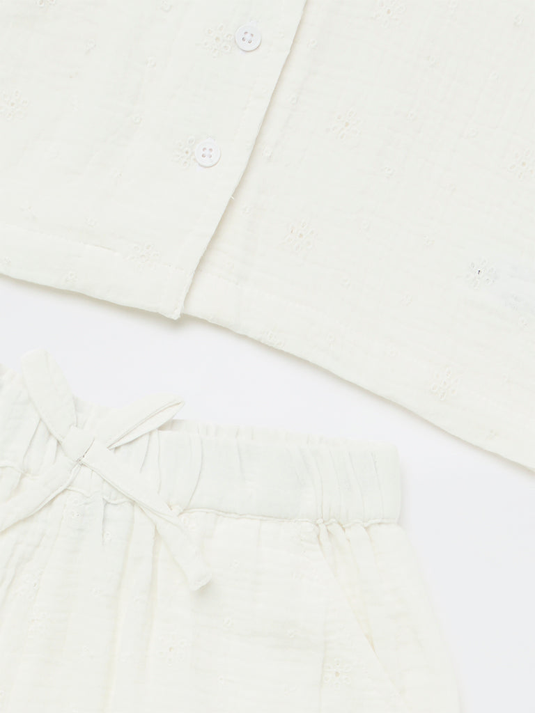 Girls White Floral-Detail Cotton Shirt and Shorts Set