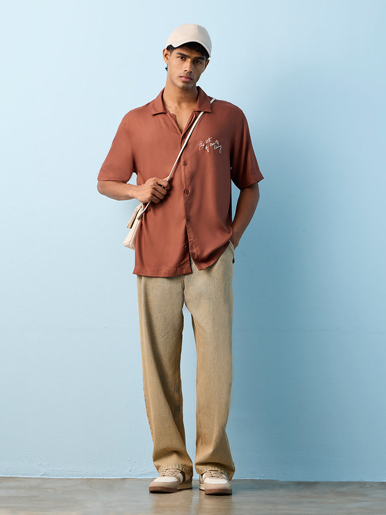 Nuon Brown Text-Detail Relaxed-Fit Shirt