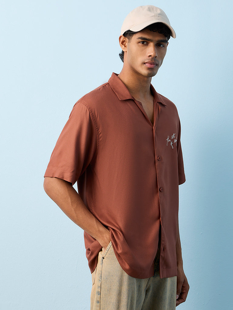 Nuon Brown Text-Detail Relaxed-Fit Shirt