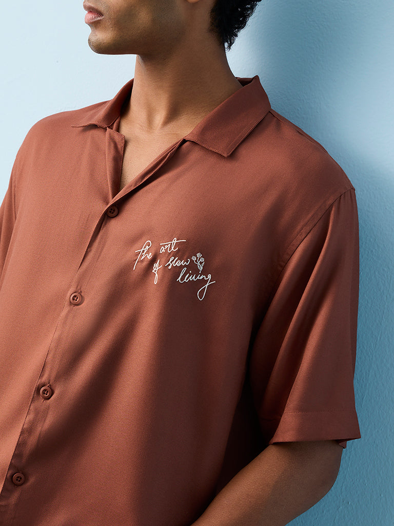Nuon Brown Text-Detail Relaxed-Fit Shirt